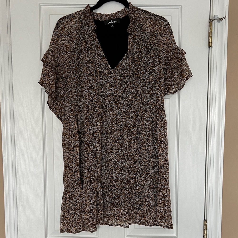 Lulus NWOT Women's Floral Ruffle dress Black and Brown